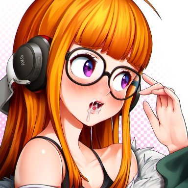 1girls, adjusting glasses, big eyes, blush, cum, cum in mouth, fully clothed, glasses, headphones, looking away, neocoill, open mouth, orange hair, persona, persona 5