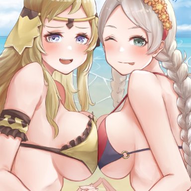 2girls, absurdres, ahoge, alternate breast size, alternate costume, beach, big breasts, bikini, blonde hair, blue eyes, blush, braid, breast press, breasts, circlet