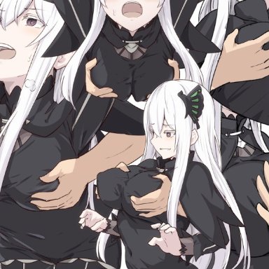 black dress, breast press, echidna (re:zero), grabbing from behind, groping, hair ornament, hirame sa, large breasts, long hair, long sleeves, re:zero kara hajimeru isekai seikatsu, shiseki hirame, sweatdrop, white hair