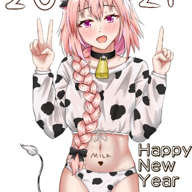 1boy, 2021, astolfo (fate), bulge, cow print, fate (series), panties, solo, tagme, trap, year of the ox