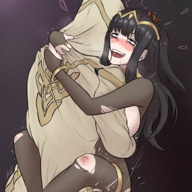 1boy, 1girls, ahe gao, big breasts, black hair, bodystocking, breasts, breasts outside, brown eyes, clenched hands, cloak, drawnonymous, female, fire emblem, fire emblem awakening