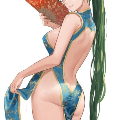 [email protected], 1girls, ass, back, bangs, bare back, bare shoulders, blue dress, blush, breasts, dress, earrings, fan, female, fire emblem