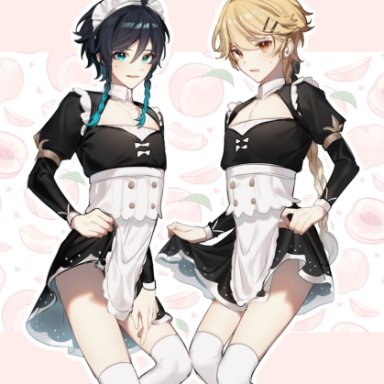 2boys, aether (genshin impact), apron, black hair, blonde hair, braid, crossdressing, femboy, genshin impact, gold eyes, green eyes, green highlights, hair ornament, maid, maid headdress