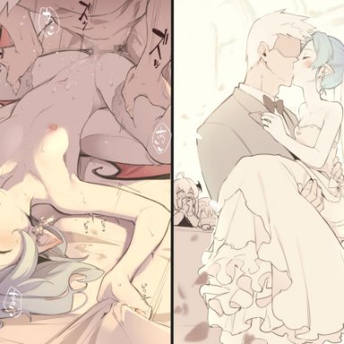 1boy, 4girls, asutora, bat wings, bed sheet, black neckwear, blue hair, blush, bow, bowtie, breasts, bridal gauntlets, bridal veil, censored, closed eyes