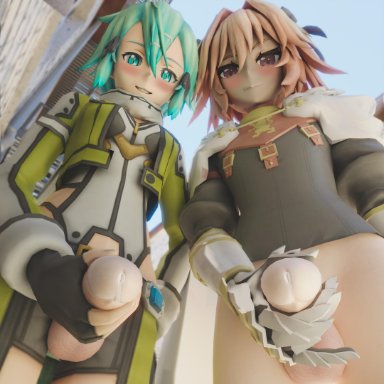 1boy, 1futa, 3d, alley, asada shino, astolfo (fate), balls, blender, blush, cock pointing towards viewer, crossover, cyan eyes, cyan hair, fate (series), fate/apocrypha