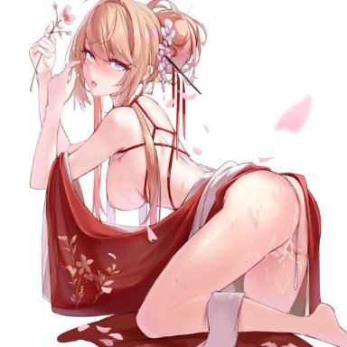 azur lane, female, female only, glorious (azur lane), hair bun, hair ornament, janload1ng (artist), japanese clothes, looking at viewer, nipple, open mouth, pussy juice, sideboob, solo, tagme