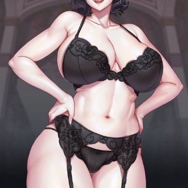 1girls, alcina dimitrescu, big breasts, black bra, black hair, black lingerie, black panties, black underwear, bra, capcom, female focus, female only, grey body, grey skin, lingerie