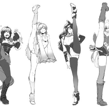 4girls, arm at side, arm strap, arm up, bare legs, belt, blake belladonna, bodice, boots, bow, breasts, cameltoe, cape, cleavage, closed eyes