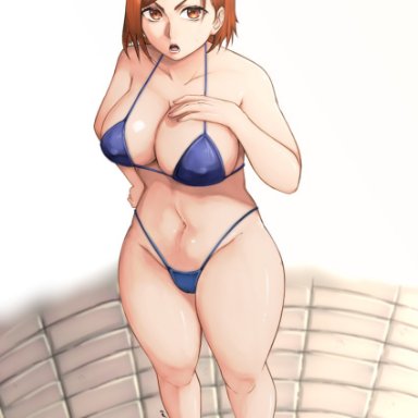 1girls, angry, big breasts, bikini, brown eyes, brown hair, female only, hand on breast, jujutsu kaisen, kugisaki nobara, thick thighs