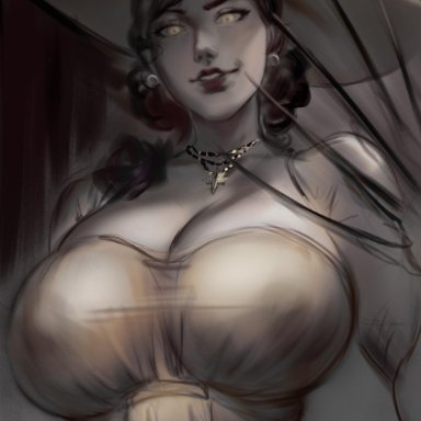 alcina dimitrescu, big breasts, black hair, breasts, busty, capcom, claws, cleavage, female, hat, jewelry, looking at viewer, nipple bulge, nipples visible through clothing, pale skin