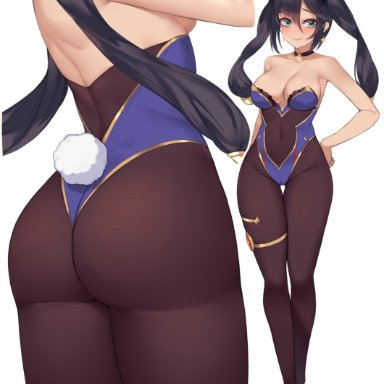 animal ears, arm behind back, ass, bangs, bare shoulders, black legwear, black ribbon, blue leotard, breasts, bunny ears, bunny tail, closed mouth, collarbone, commentary, covered navel