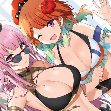 2girls, big breasts, cleavage, female only, flower, green hair, hat, hololive, hololive english, kurokanin, looking at viewer, looking over eyewear, looking over glasses, mori calliope, multicolored hair
