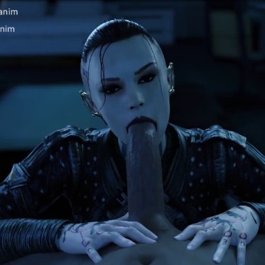 1boy, 1girls, 3d, animated, assertive, blowjob, clothed female nude male, deepthroat, dim lighting, edit, eyeshadow, fellatio, female, female focus, jack (mass effect)