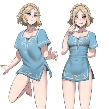 :p, 1girls, 2020, bare arms, bare legs, barefoot, blonde hair, blue eyes, blush, braid, breasts, breath of the wild, breath of the wild 2, champion's tunic, clothing