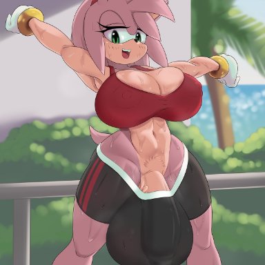 2021, accessory, amy rose, balls, big balls, big breasts, big penis, black nose, bodily fluids, bottomwear, bracelet, breasts, cleavage, clothed, clothing