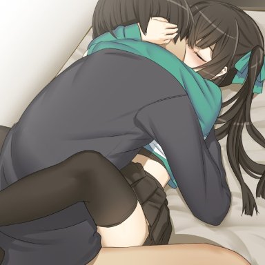1boy, black hair, black legwear, blush, bottomless, brother and sister, closed eyes, clothed sex, couple, female, hair ribbon, highres, hug, incest, kissing