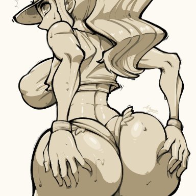 1girls, anguriask, ass, big ass, big breasts, breasts, curvy figure, eye contact, female, greyscale, hat, hilda (pokemon), large ass, large breasts, long hair