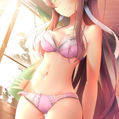 1girls, bow, breasts, doki doki literature club, green eyes, monika (doki doki literature club), panties, pink panties, thighs, tsukimaru