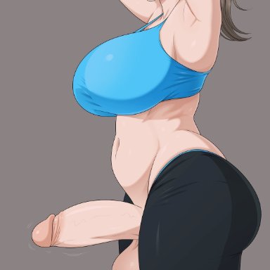 1futa, arms up, balls, big breasts, big penis, breasts, cleavage, clothed, clothing, dickgirl, erection, futa only, futanari, human, large breasts