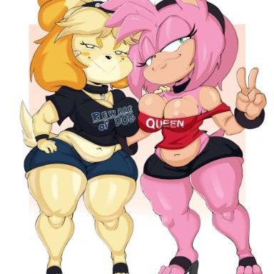 2021, 2girls, amy rose, animal crossing, anthro, belly, big breasts, breast press, breasts, canine, collar, dog, evil grin, female, fully clothed