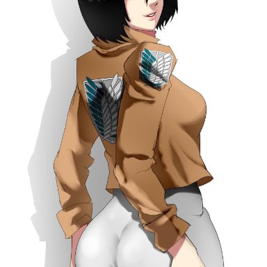 1girls, ass, attack on titan, bangs, big ass, black hair, blush, breasts, clothing, dat ass, female, female only, from behind, hell904, lipstick