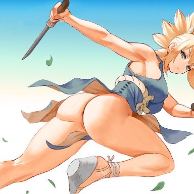 1girls, anus, ass, big ass, big butt, blonde hair, blue eyes, bubble ass, bubble butt, clothed, dagger, dr.stone, female, female only, gradient background