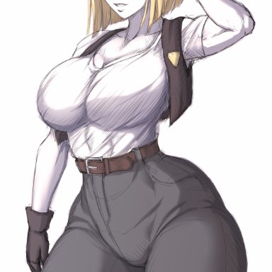 android 18, big breasts, blonde hair, clothed, dno, dragon ball, dragon ball super, dragon ball z, hand on head, jeans, muscular arms, muscular female, tight clothing
