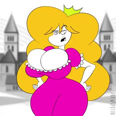 1girls, animated, ass, blonde hair, breasts, breasts outside, busty, drawsputin, evil grin, huge ass, huge breasts, princess, princess backache, public, royalty