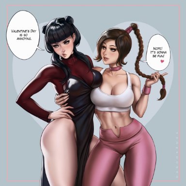 2girls, abs, aged up, asymmetrical docking, athletic female, avatar the last airbender, bare legs, bare shoulders, between legs, big breasts, black hair, braid, breasts, breasts touching, brown eyes