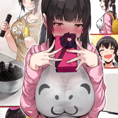 :d, ^ ^, 1boy, 1girls, 2021, absurd res, apron, backpack, bag, black bra, black hair, bowl, bra, bra through clothes, breasts