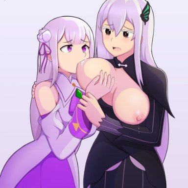 2girls, areolae, bare shoulders, black dress, black eyes, blush, breast grab, breast sucking, breasts, butterfly hair ornament, dress, echidna (re:zero), emilia (re:zero), female, flower hair ornament
