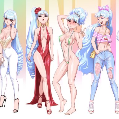 bikini, blue hair, blush, dress, facemask, fellatrix, high heels, long hair, mask, pubic stubble, skimpy, sling bikini, smile, twintails, v