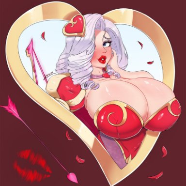 ashe (league of legends), big breasts, big lips, bimbo, blue eyes, blush, embarrassed, heart hair ornament, heart necklace, heartseeker ashe, huarbodraw, huge breasts, league of legends, league of legends: wild rift, red clothing