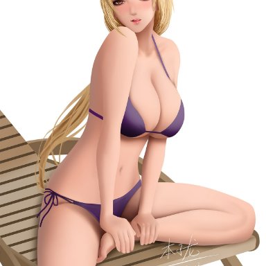 1girls, bangs, bare shoulders, big breasts, bikini, blonde hair, breasts, brown eyes, chair, cleavage, facial mark, feet, female, female only, forehead mark