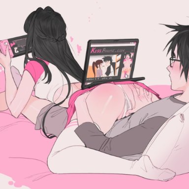 1boy, 1girls, black hair, blush, clothed, faceless female, female, glasses, kissxsis, lacryboy, laptop, long hair, male, nintendo switch, panties