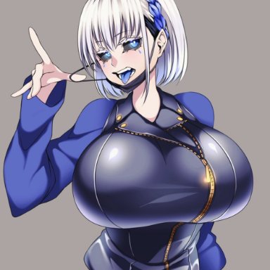 big breasts, blue eyes, camui kamui, enormous breasts, goth, goth girl, gothic, huge breasts, large breasts, pale skin, pale-skinned female, round breasts, short hair, thin, thin waist
