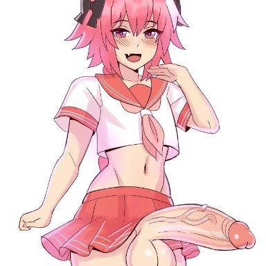 1boy, astolfo (fate), balls, blush, cuccoking, erection, fate (series), fate/apocrypha, femboy, finni 081, girly, huge cock, hung trap, looking at viewer, male