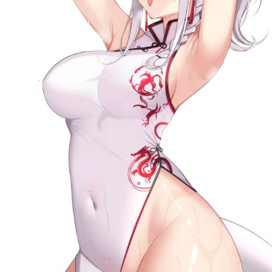 :p, absurdres, arknights, armpits, arms up, ateoyh, bangs, bar censor, bare shoulders, braid, breasts, censored, china dress, chinese clothes, commentary request