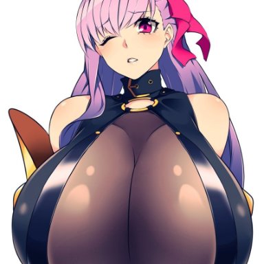 camui kamui, enormous breasts, fate/grand order, gigantic breasts, glistening, glistening body, glistening skin, huge breasts, large breasts, long hair, magenta eyes, one eye closed, passion lip, pink hair, round breasts