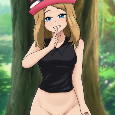 1girls, blonde hair, blue eyes, long hair, outdoors, panty pull, pokemon, pussy, serena (pokemon), setrakian, shushing, smirk