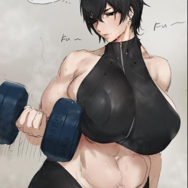1girls, abs, armpit hair, bare shoulders, belly, big ass, black eyes, black hair, breasts, demon, demon girl, dumbbell, english text, exercise, female only
