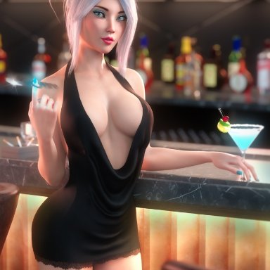 1girls, 3d, alcohol, areola slip, bar, black dress, blue eyes, breasts, cleavage, cocktail, deep cleavage, dress, eyeshadow, female, female only