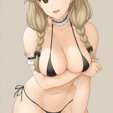 :d, 1girls, absurdres, arm garter, arm under breasts, bikini, black bikini, black ribbon, blush, braid, breasts, brown background, brown eyes, brown hair, cleavage