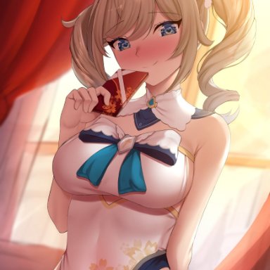 barbara (genshin impact), blonde hair, blush, chinese clothes, chinese dress, chocolate, dearonnus, genshin impact, hat, heart-shaped pupils, medium breasts, smile, tight clothing, tight fit, twintails