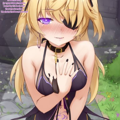 1girls, biting lip, blonde hair, blush, breasts, censored, dog collar, dress, english text, eyepatch, fischl (genshin impact), genshin impact, goth, heart-shaped pupils, leash