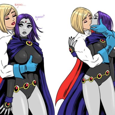 2girls, age difference, black nails, blonde hair, bob cut, breast grab, cameltoe, cape, cloak, closed eyes, clothed, dc, dialogue, embrace, eyeshadow
