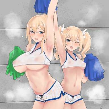 2girls, armpits, arms up, barbara (genshin impact), berserkert, blonde hair, blush, breasts, cameltoe, cheerleader, cheerleader uniform, erect nipples, erect nipples under clothes, female, female only