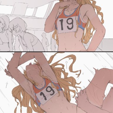 :d, 1boy, 3girls, armpits, blonde hair, bottomless, censored, female pubic hair, instant loss 2koma, long hair, mdf an, midriff, multiple girls, navel, ojou-sama pose