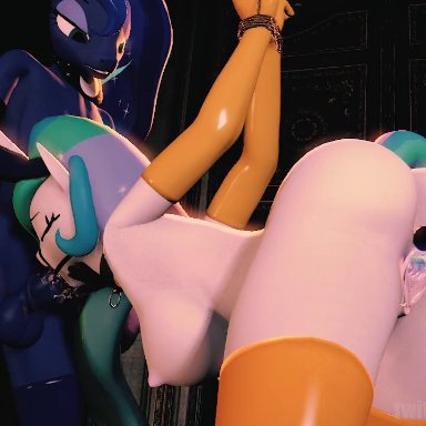 1futa, 1girls, 3d, alicorn, animated, anthro, ass, bent over, big breasts, black hair, bondage, bouncing breasts, bound, breasts, collar