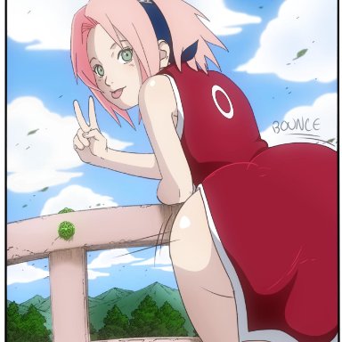 big ass, clothed, colored, cute, edit, female, full body, green eyes, naruto, naruto (classic), naruto (series), peace sign, pink hair, red outfit, sakura haruno